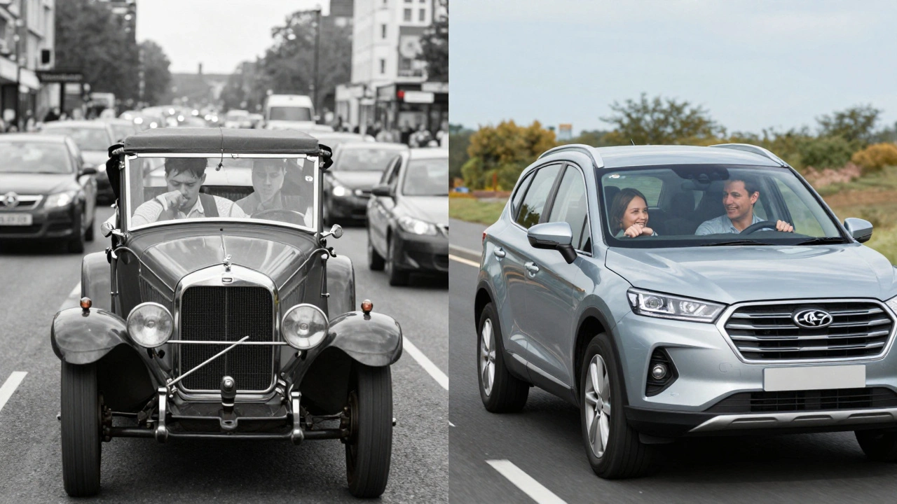 Split image contrasting a stressed manual driver in traffic with a relaxed family learning to drive an automatic car.