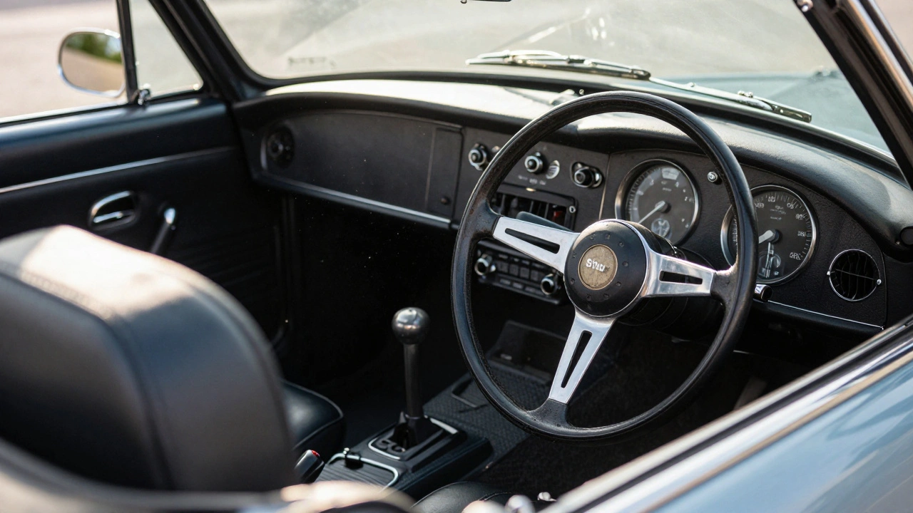 Sunlit interior of a classic Triumph Spitfire showing simple dashboard