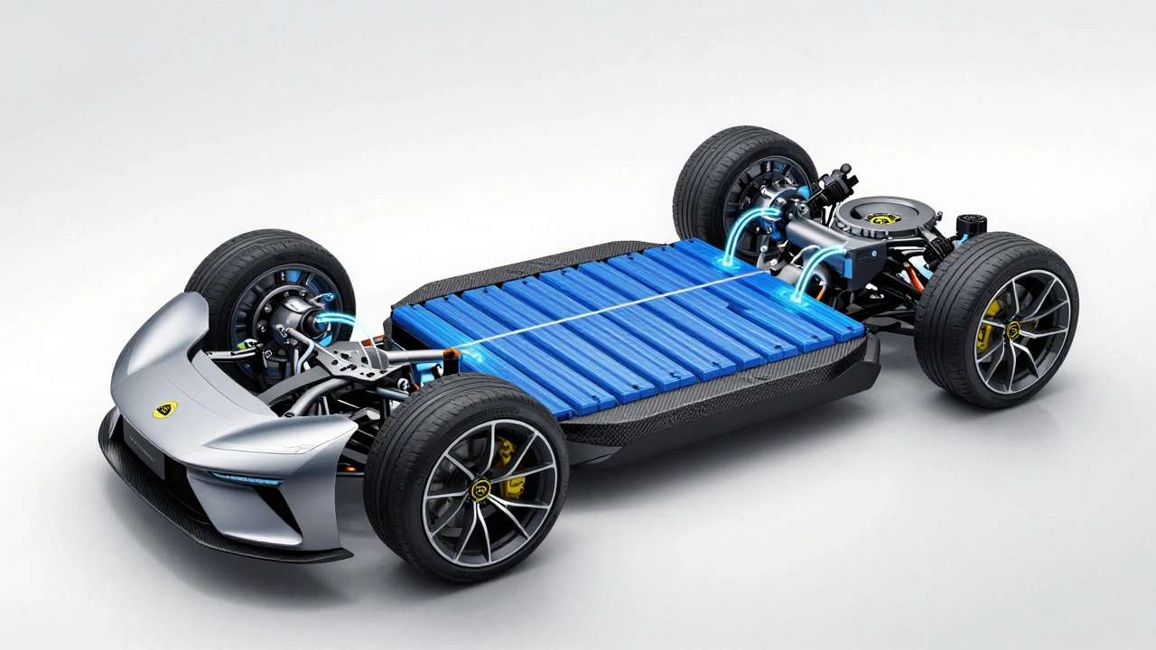 Technical diagram of Lotus SPA chassis showing integrated battery and quad-motor torque vectoring.
