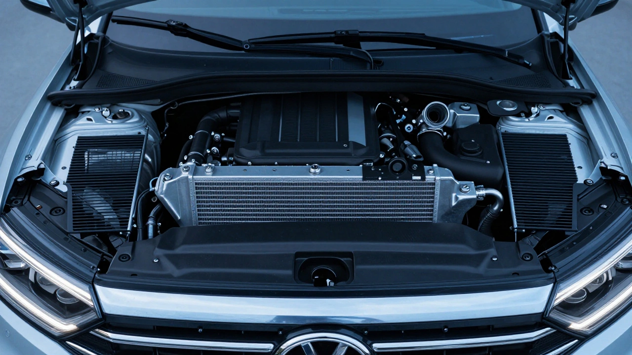 Under-hood view showing active grille shutters and cooling system