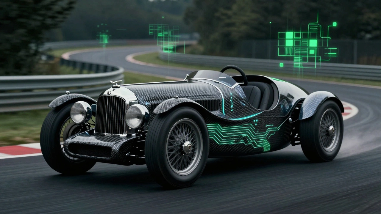 Vintage race car merging into futuristic electric Bentley concept