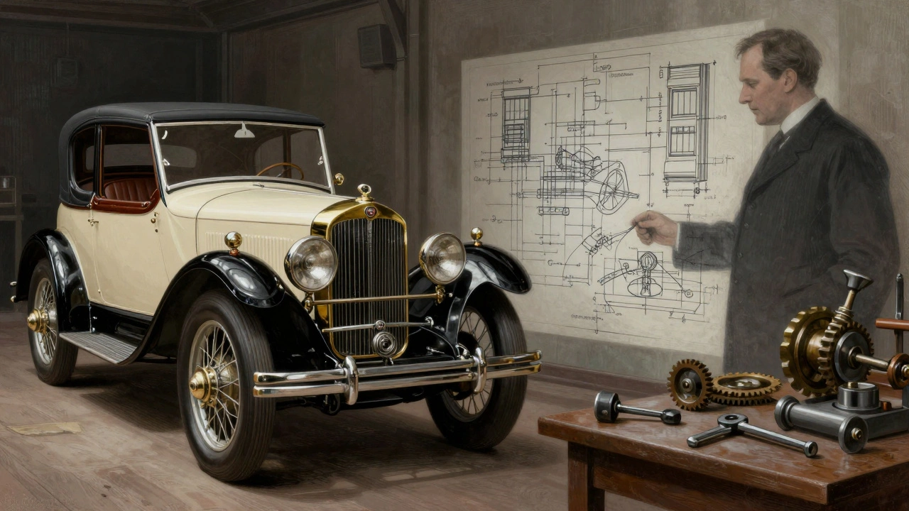 Vintage scene contrasting Wolseley luxury cars with Austin's standardized parts.