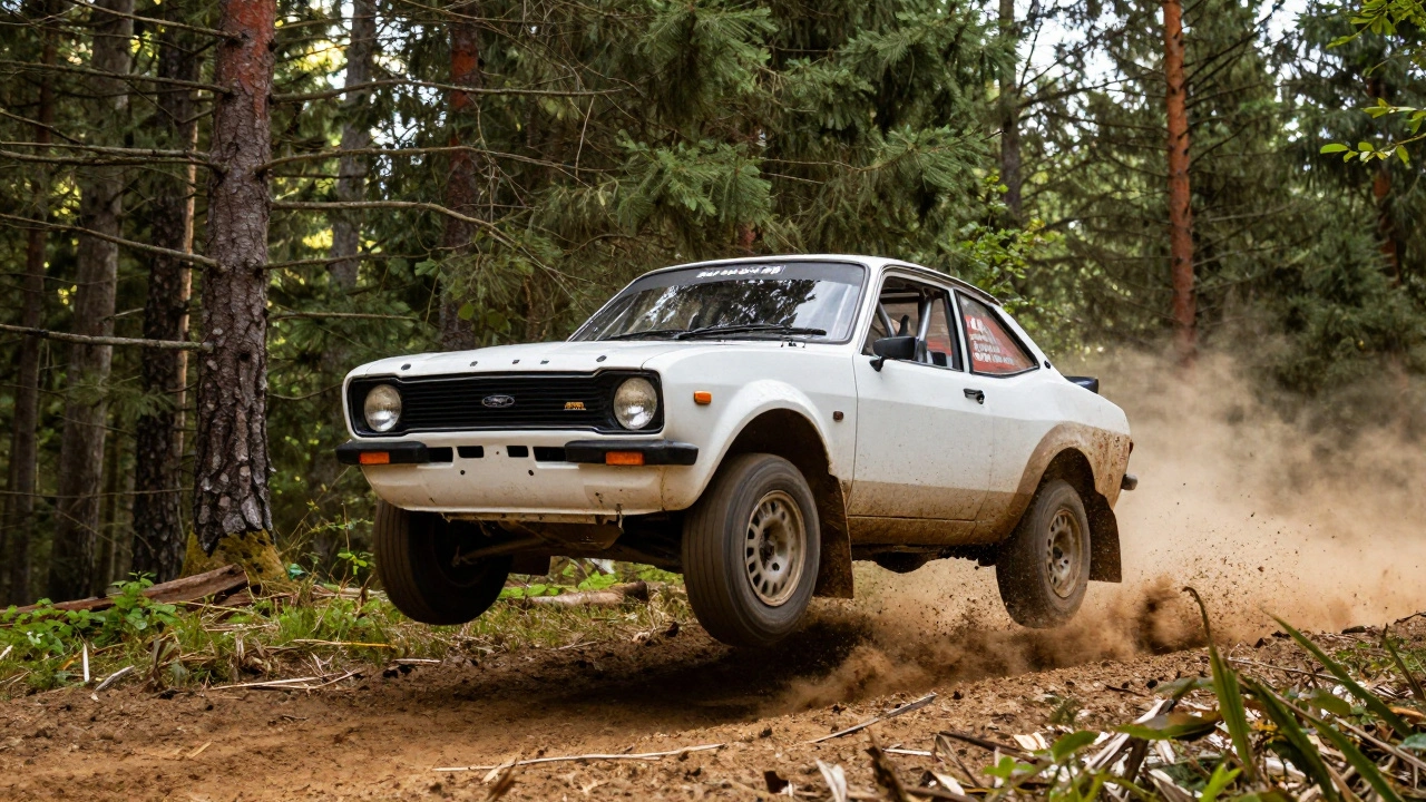 White Ford Cortina RS2000 rally car jumping over dirt track
