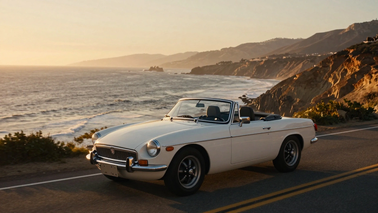 White MG MGB cruising on a sunny coastal highway