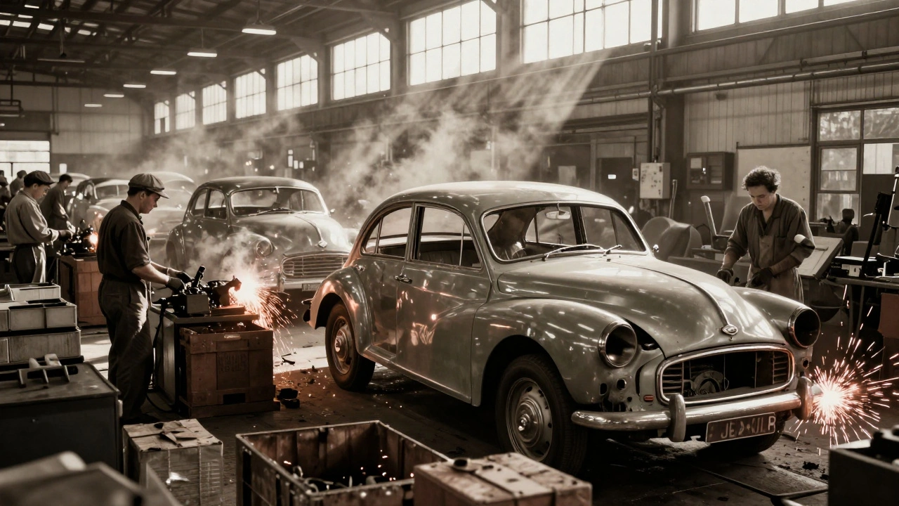 Workers assembling vintage cars in a 1960s Australian factory