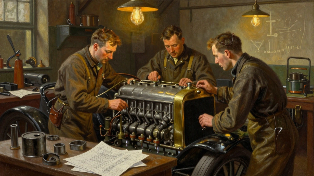WWI-era workshop mechanics inspecting an engine with improved cooling and lubrication systems