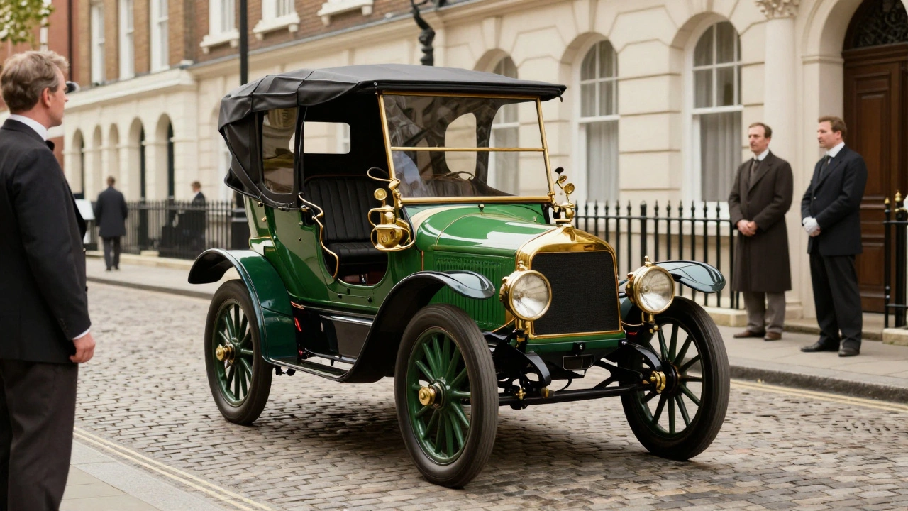 A Wolseley 10/12 HP car drives down a London street, admired by middle-class pedestrians.