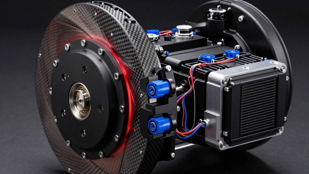 Close-up of carbon-ceramic brakes and electric battery components