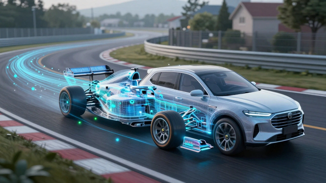 Digital art showing data transfer from race car to road vehicle