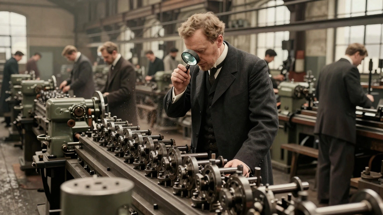 Herbert Austin inspects standardized engine parts in a busy, efficient Edwardian factory floor.