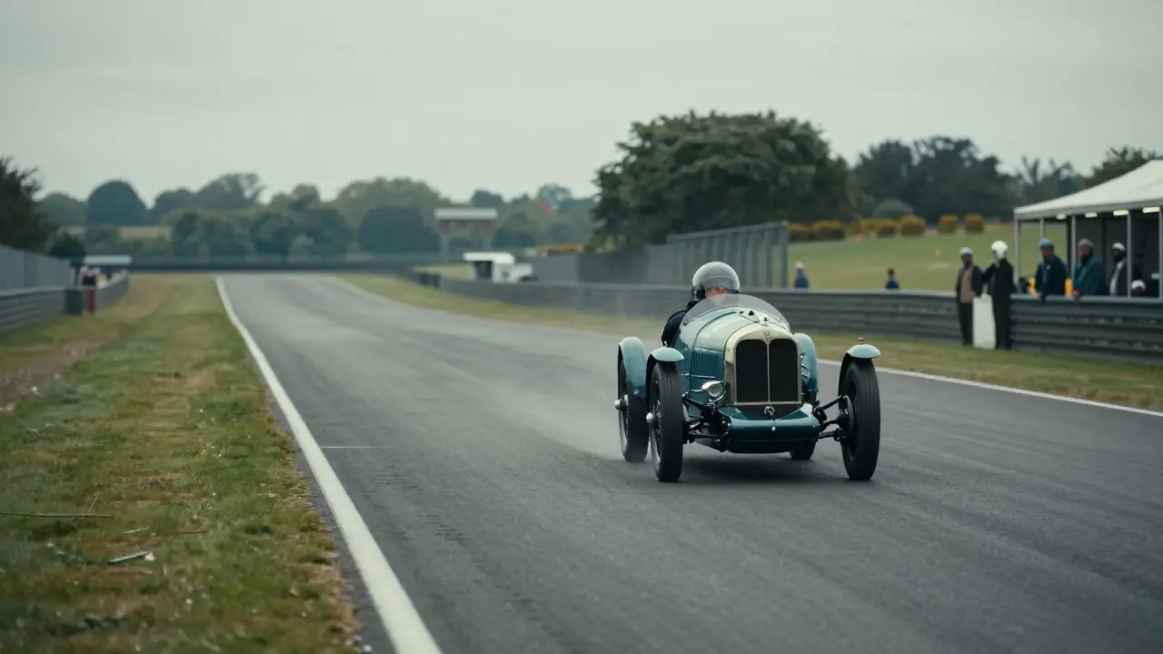 A 1920s Bentley prototype accelerating down the long straightaway of the Brooklands racing circuit in England