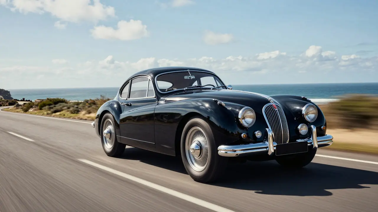 A black Jaguar driving fast on a coastal road with motion blur