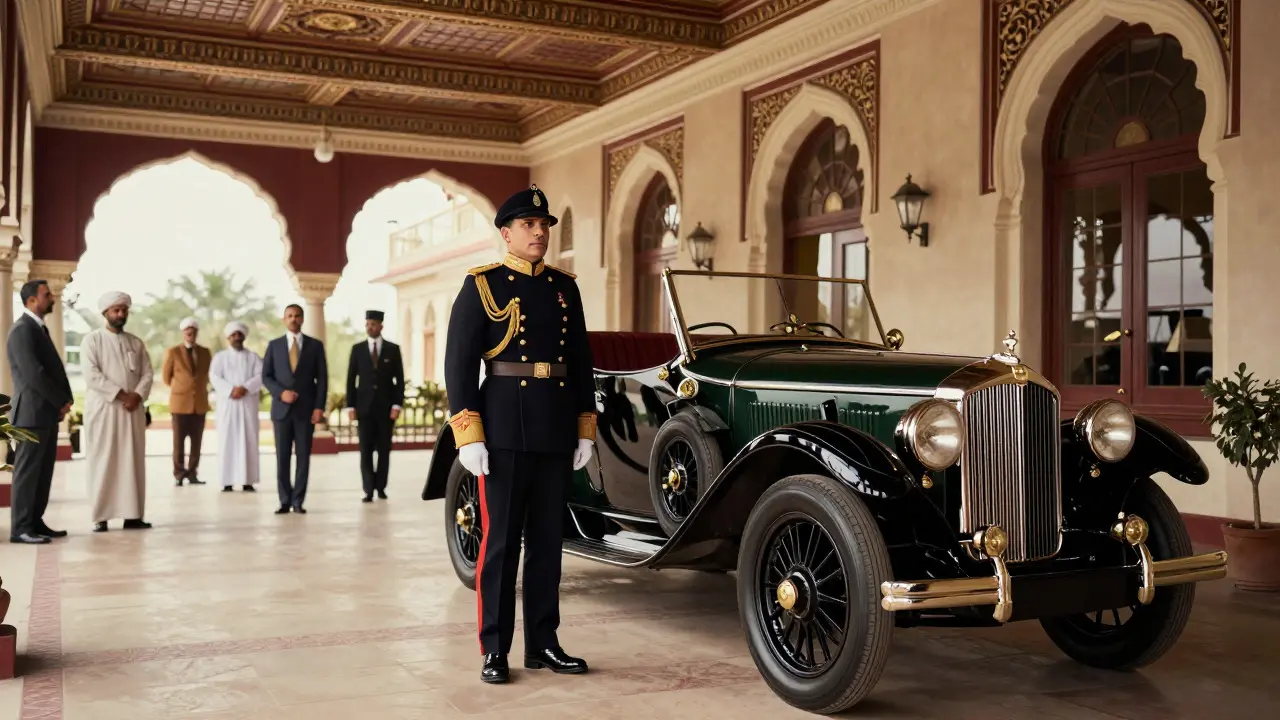 A British officer standing beside a luxury car in an ornate colonial veranda