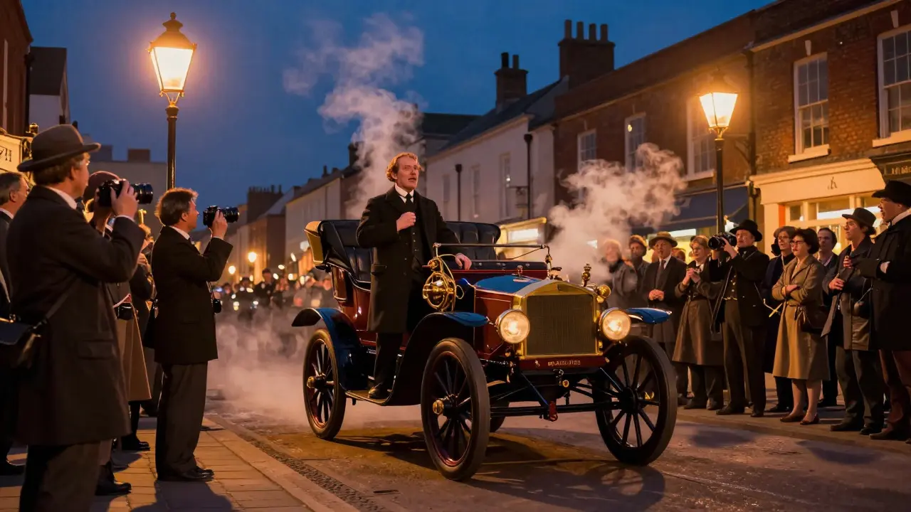 A crowd gathers around a historic motor car in a gas-lit town square at dusk, celebrating a successful journey.