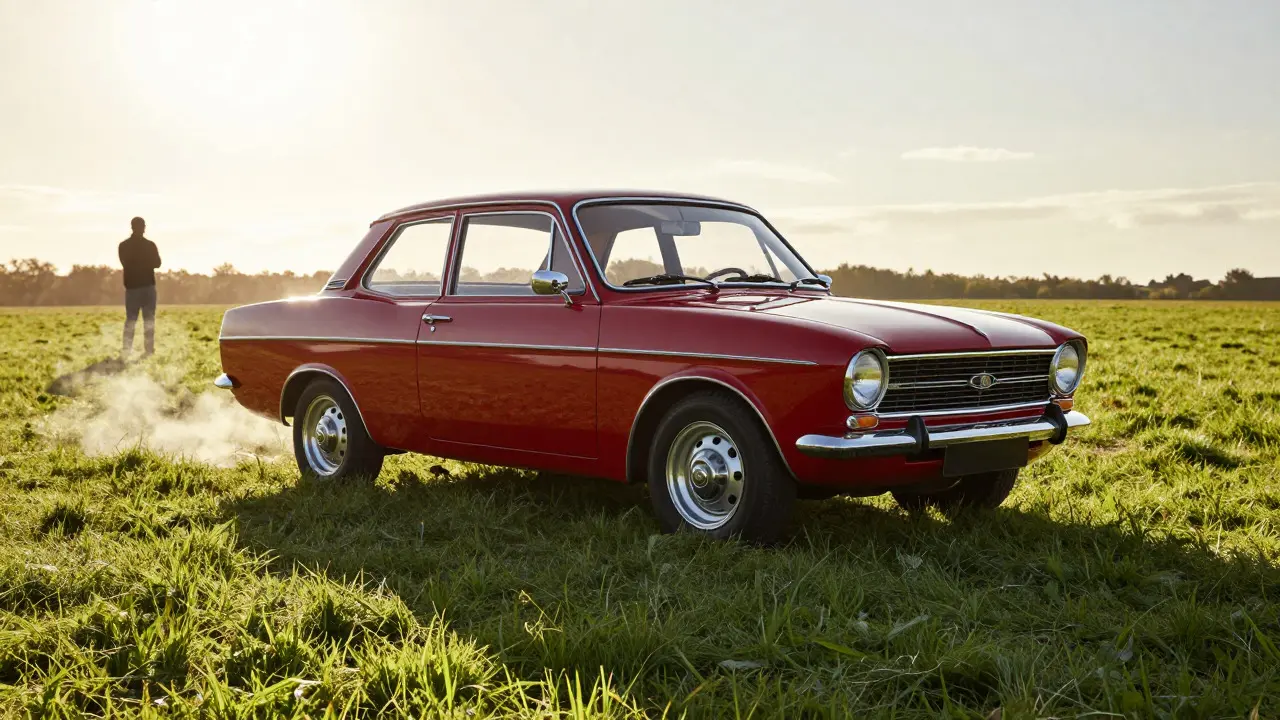 A freshly restored classic car parked in a grassy field during sunset