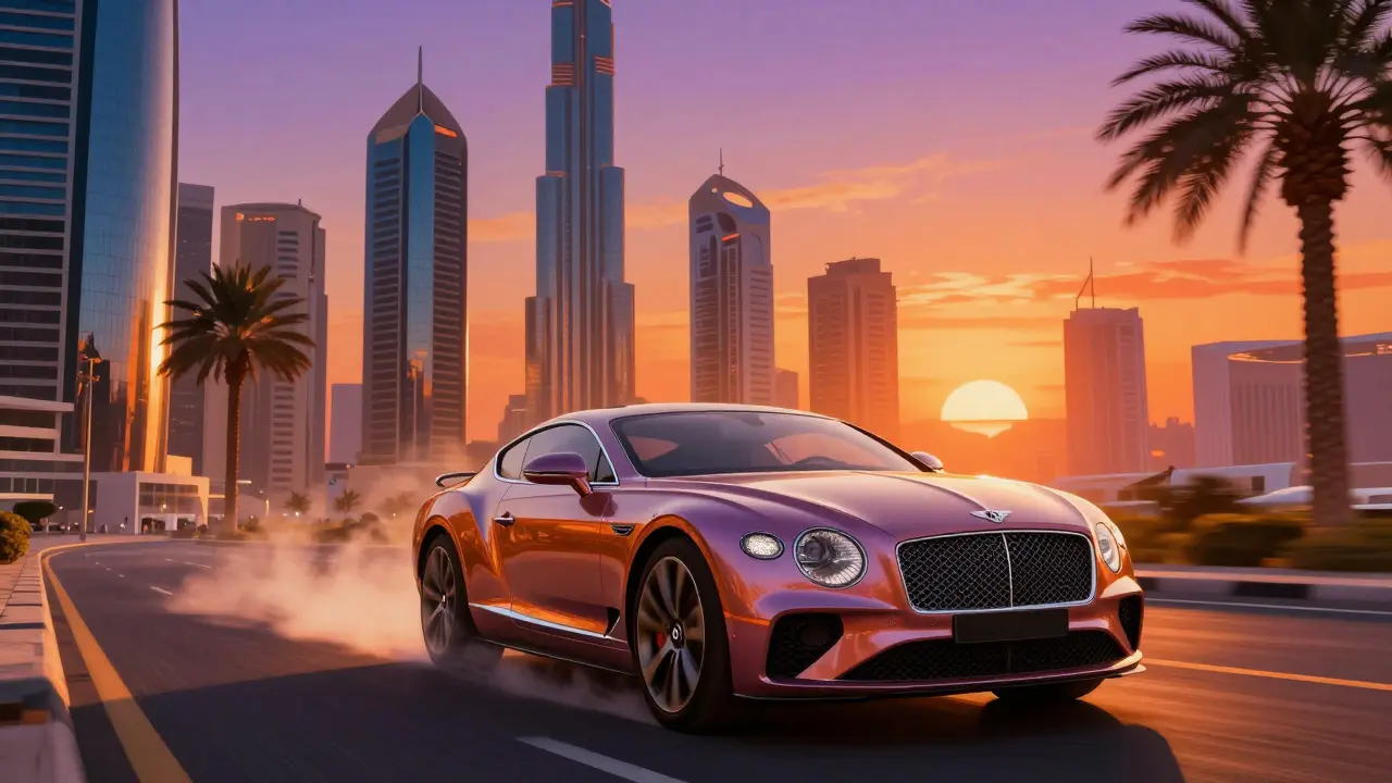 A grand tourer driving through a hot, futuristic Middle Eastern city at sunset