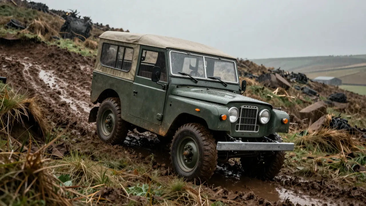 A Land Rover climbing a muddy hill in a rainy rural landscape