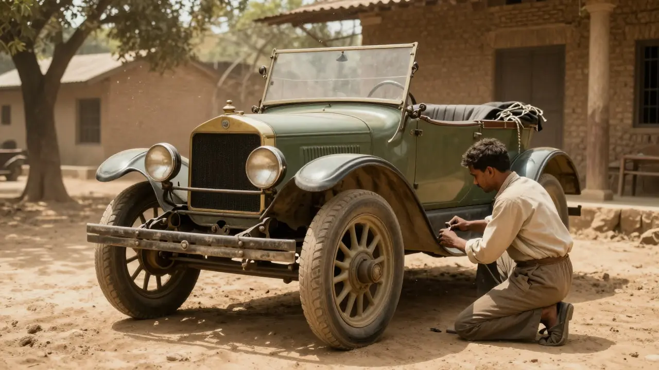 A local mechanic repairing a rugged British car on unpaved terrain in a colonial outpost
