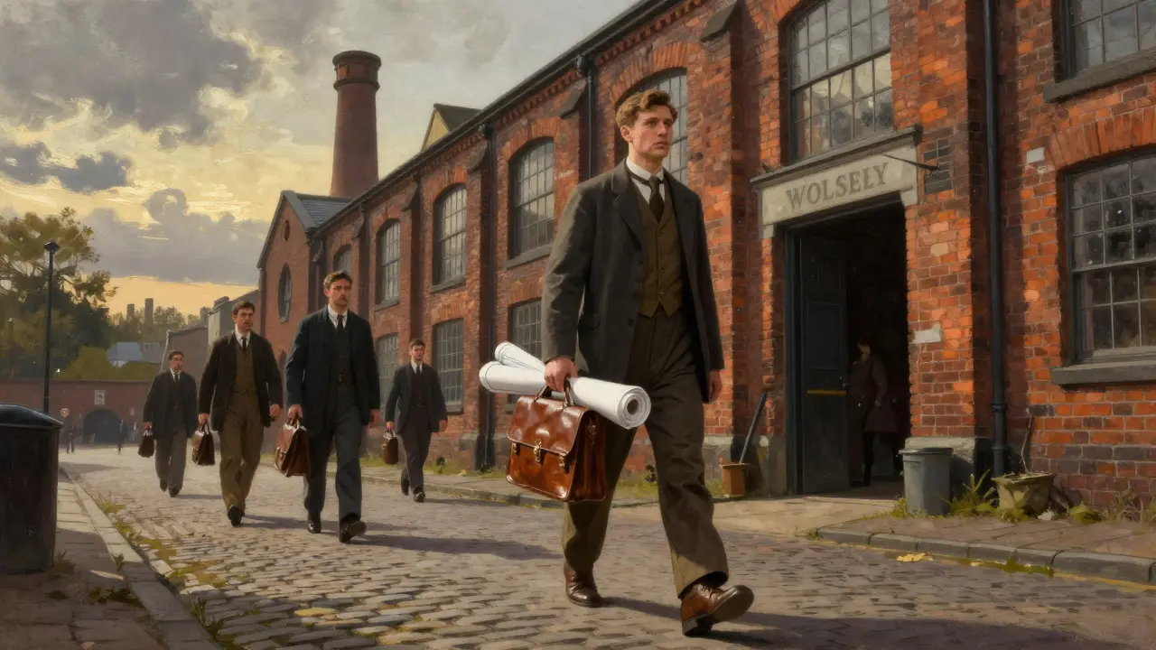 A man in early 1900s clothing walking out of a brick factory carrying a bag of blueprints
