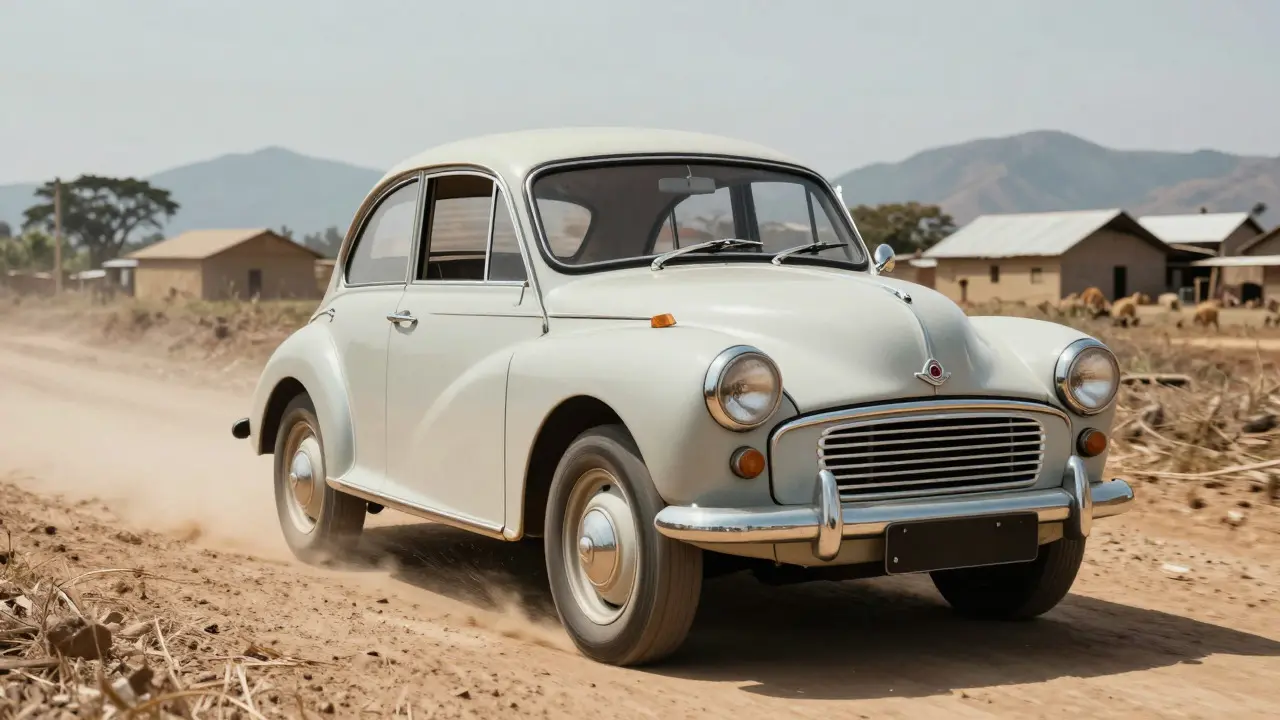 A Morris Minor car driving on a rough rural road in a village setting