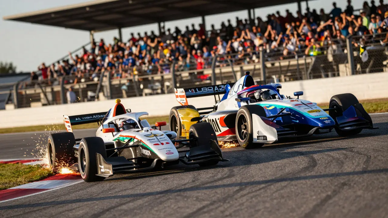 A privateer racing car overtaking a works team vehicle during a competitive race