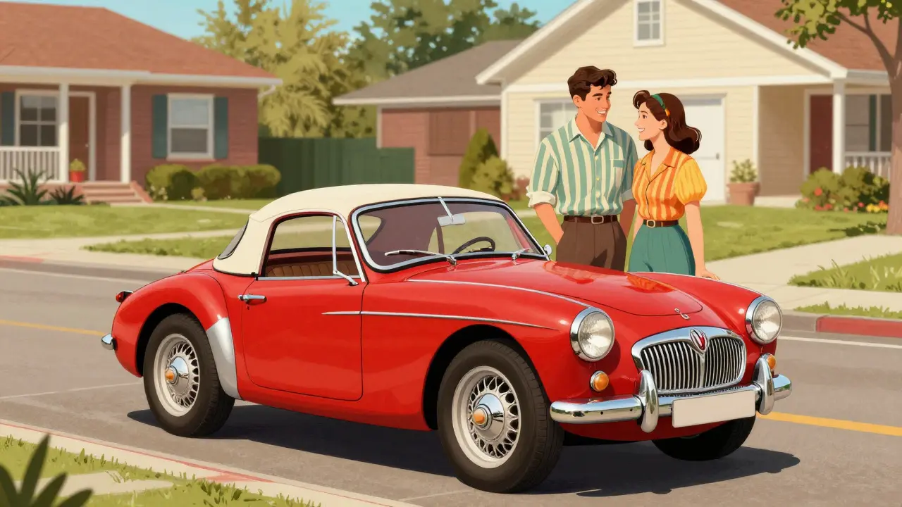 A red MG MGA parked on a sunny 1950s American street with a couple admiring it