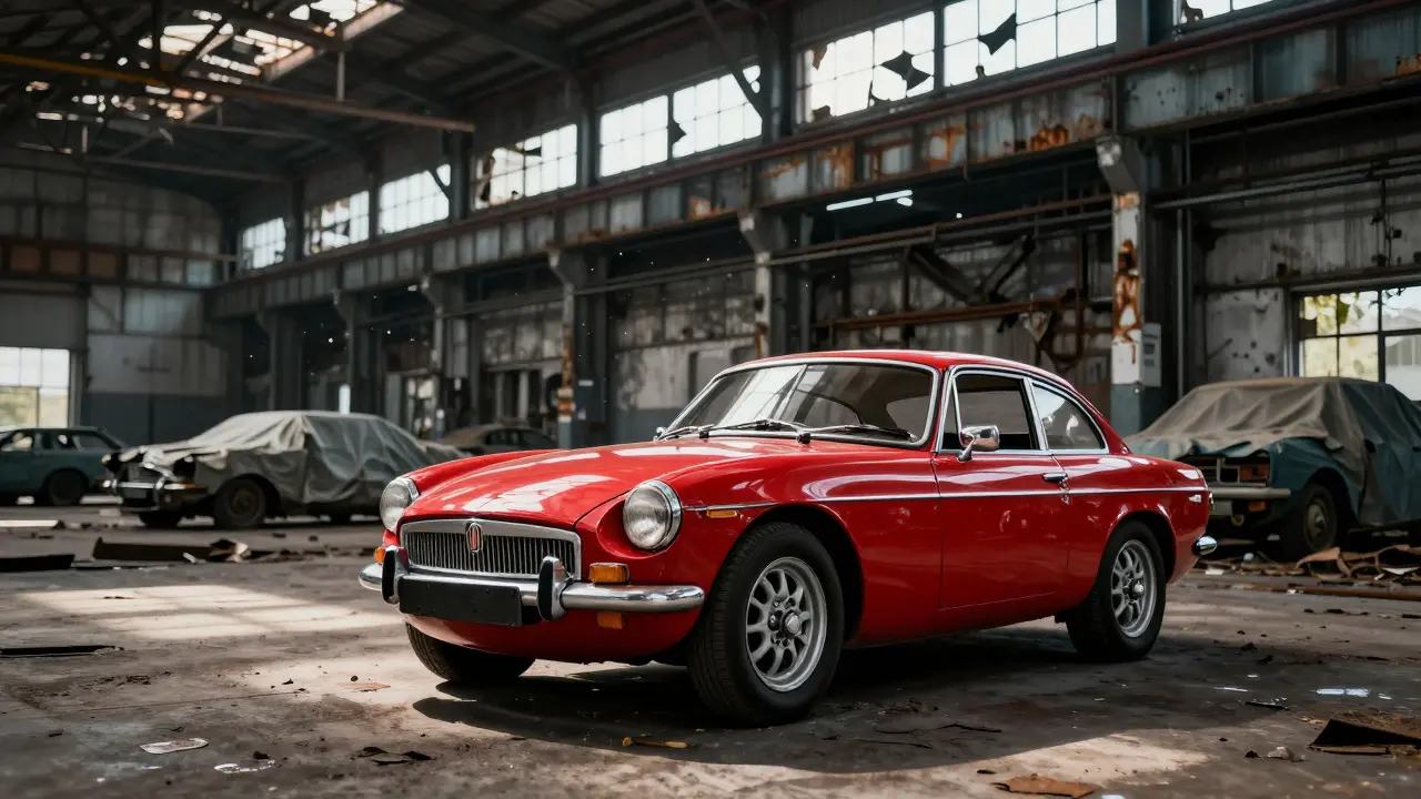 A red MG sports car standing alone in a decaying industrial factory hall