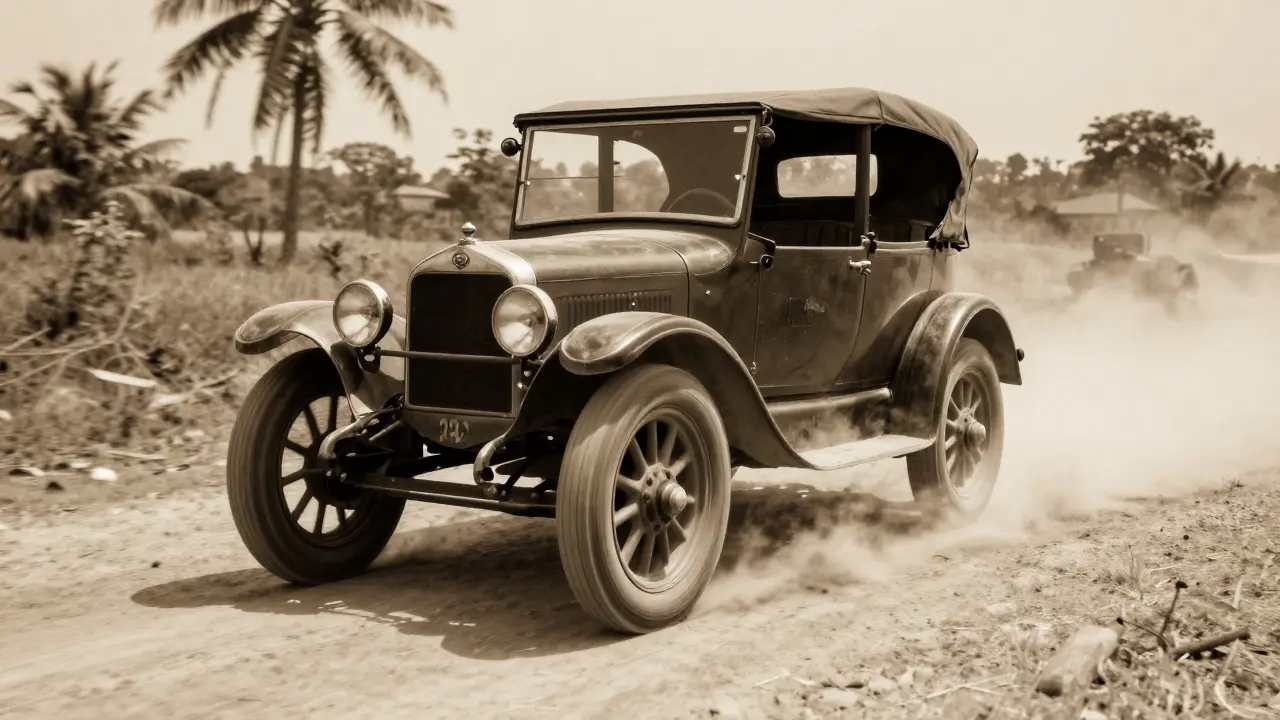 A rugged British car driving on a dusty road in rural India
