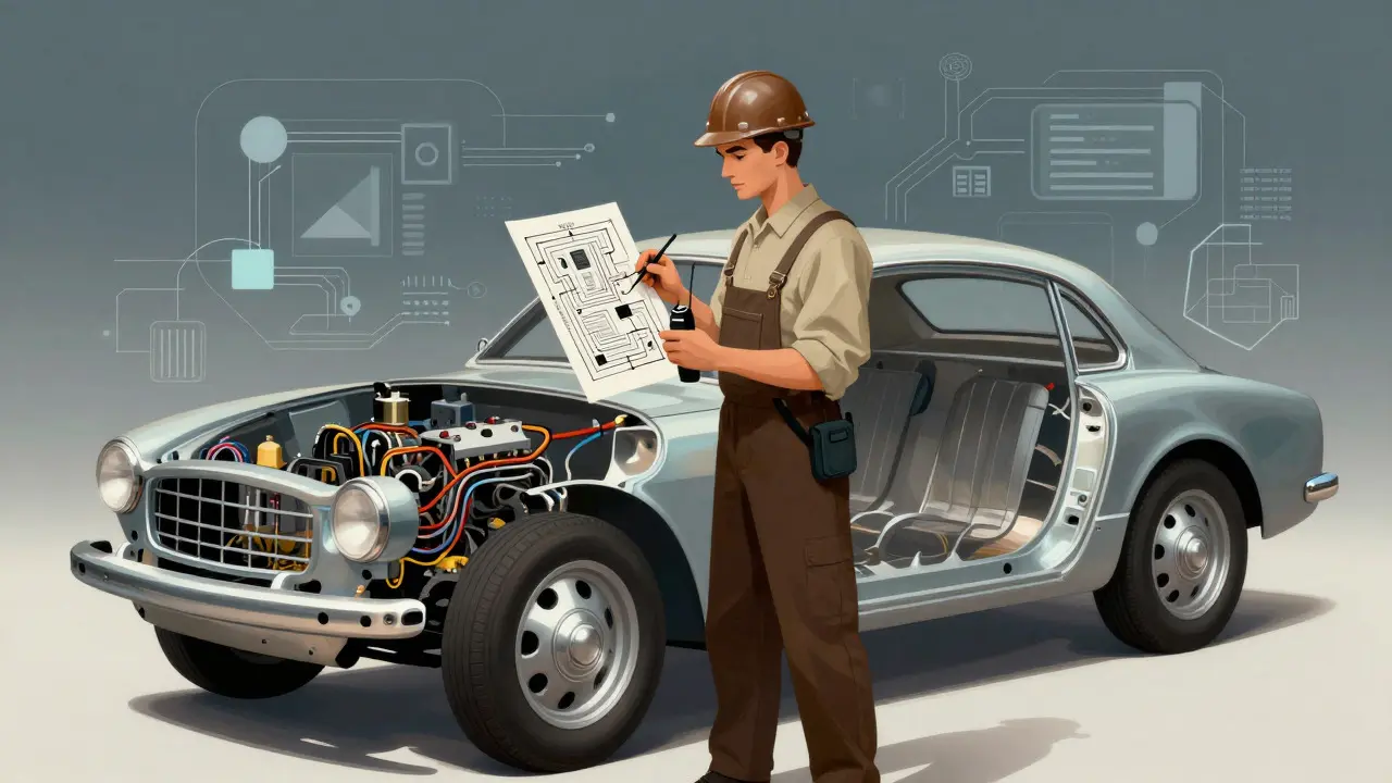 A skilled technician examining electrical components and circuit diagrams on a modernizing car assembly line