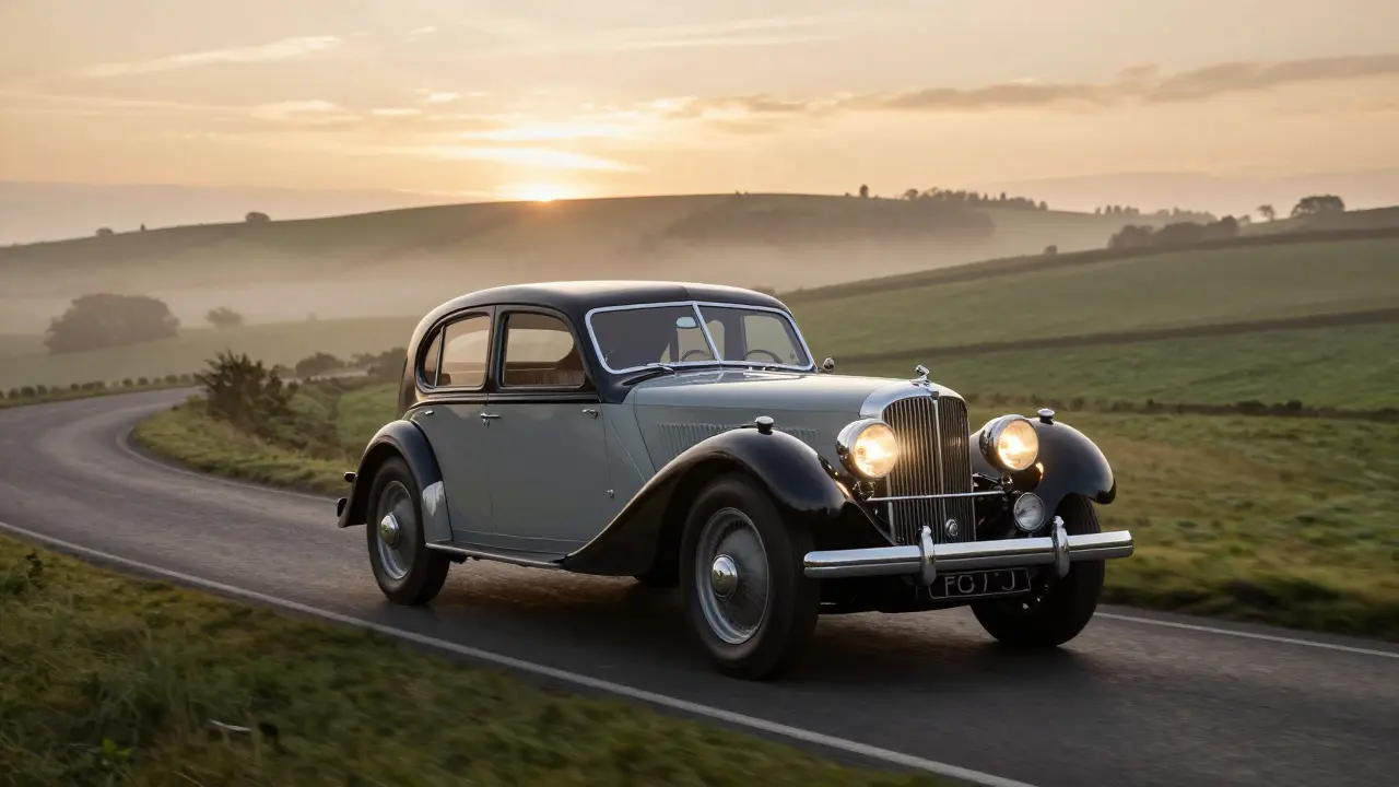 A sleek 1930s British luxury car driving on a country road at dusk