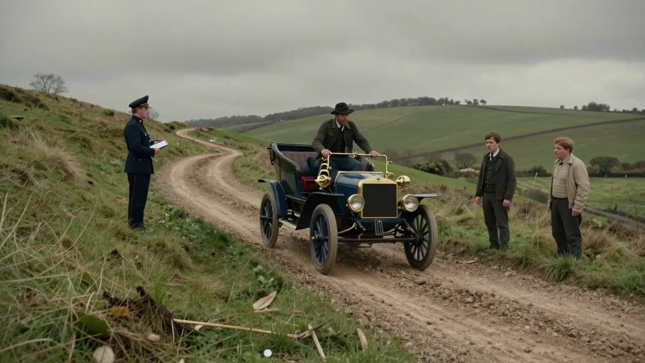 A vintage car struggling on a rough rural road in 1895, watched by a curious police officer.
