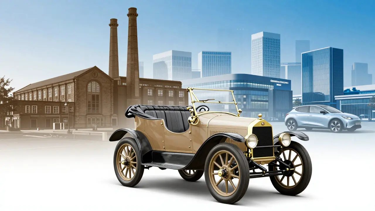 A vintage Daimler car transitioning into a modern automotive landscape