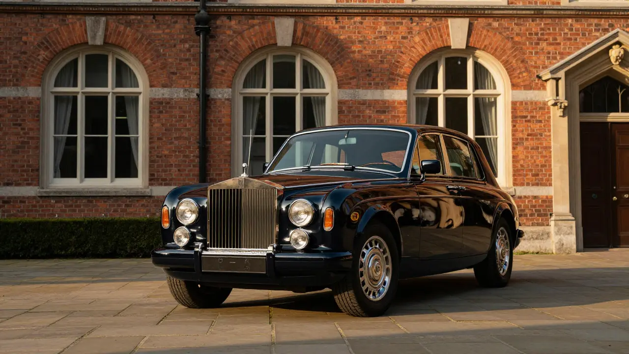 A vintage Rolls-Royce Phantom parked in golden light, showcasing its dignified and upright stance