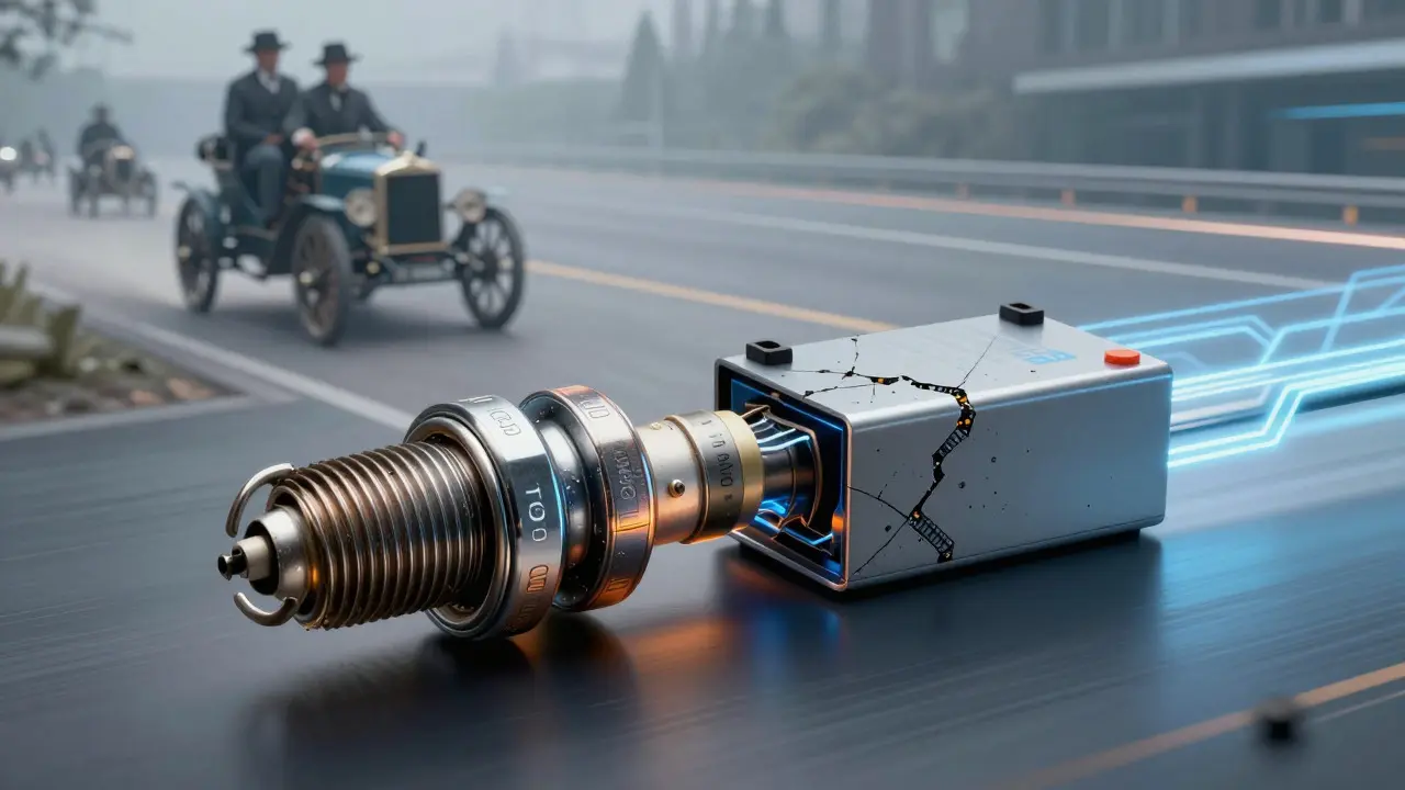 Abstract art blending old spark plugs with modern EV batteries to show tech evolution