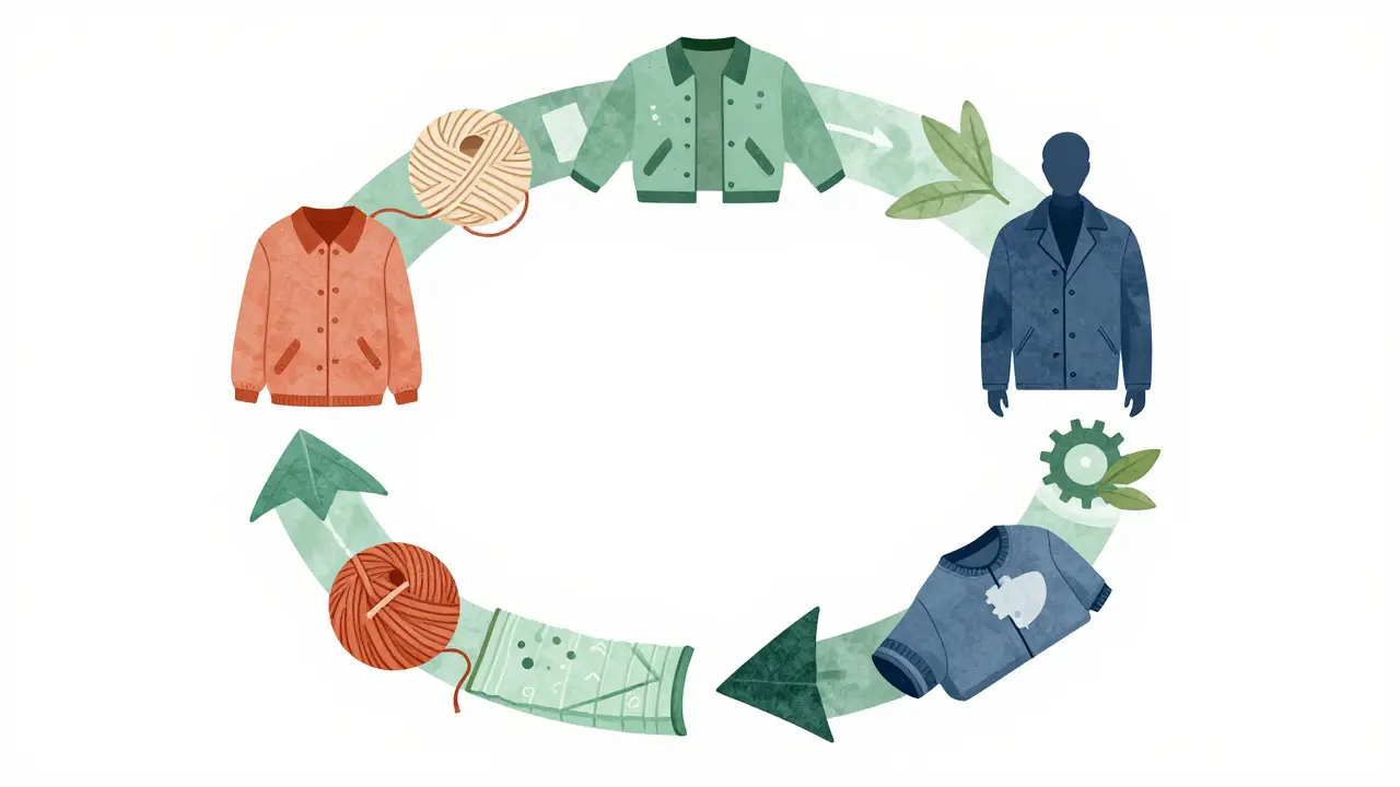 Abstract illustration of a circular fashion lifecycle from raw fiber to recycling