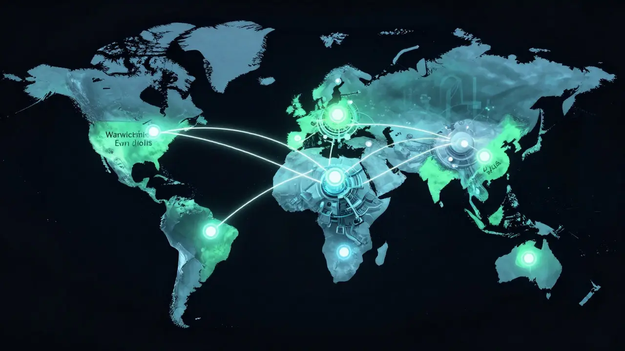 Abstract illustration of global engineering connections centered on a UK mechanical hub