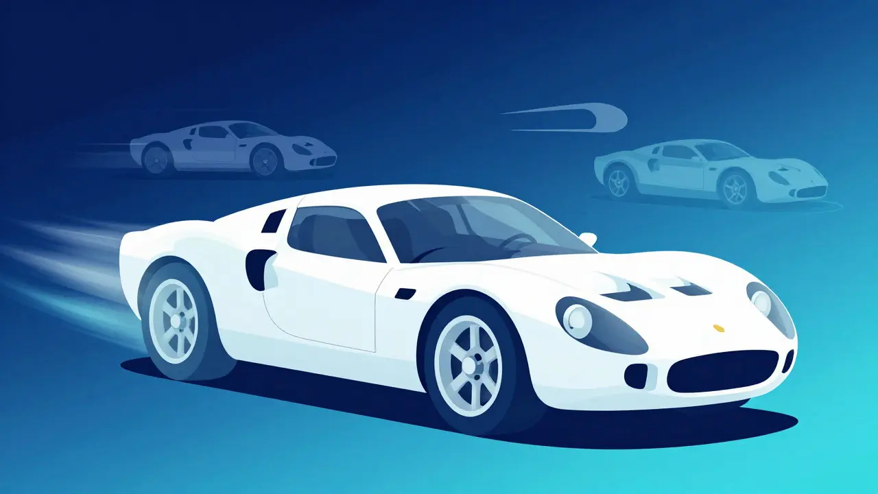 Abstract illustration showing the evolution from a 1950s Lotus to a modern hypercar