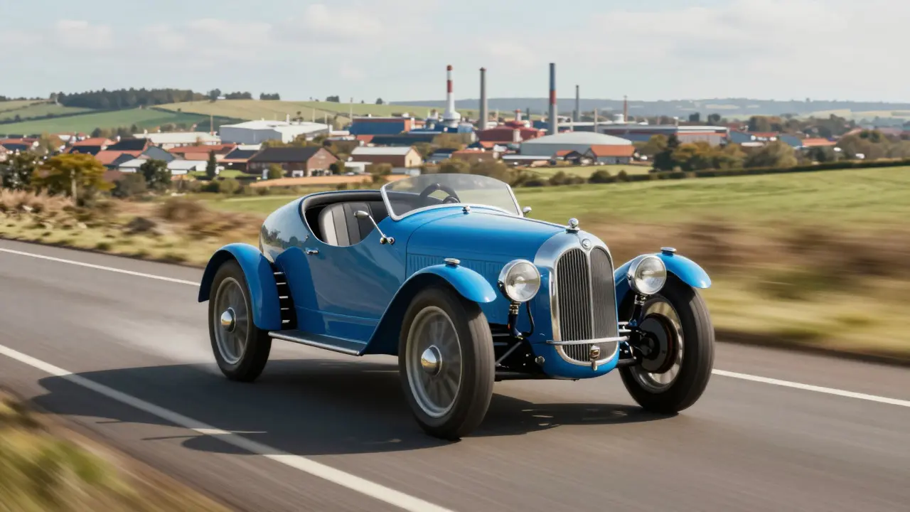 An early 20th-century car driving on a road with industrial buildings in the background