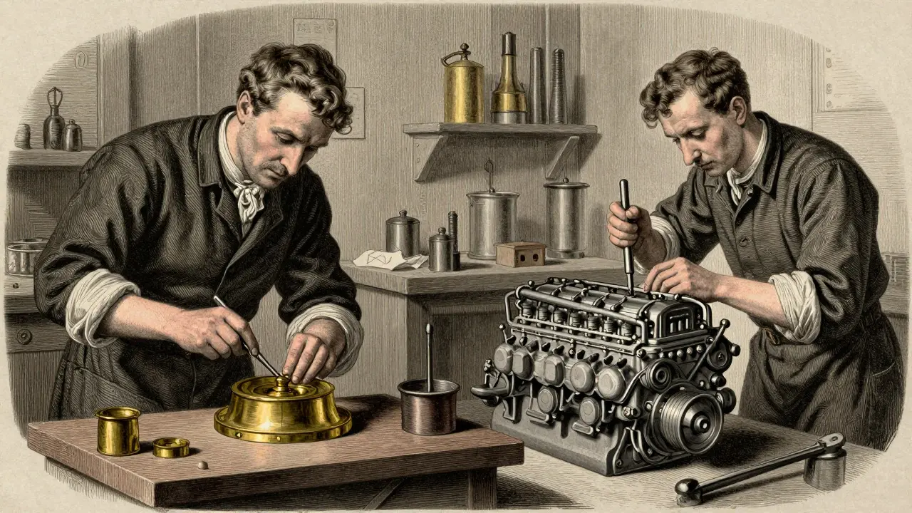 Apprentice and engineer working in early 20th century automotive shop