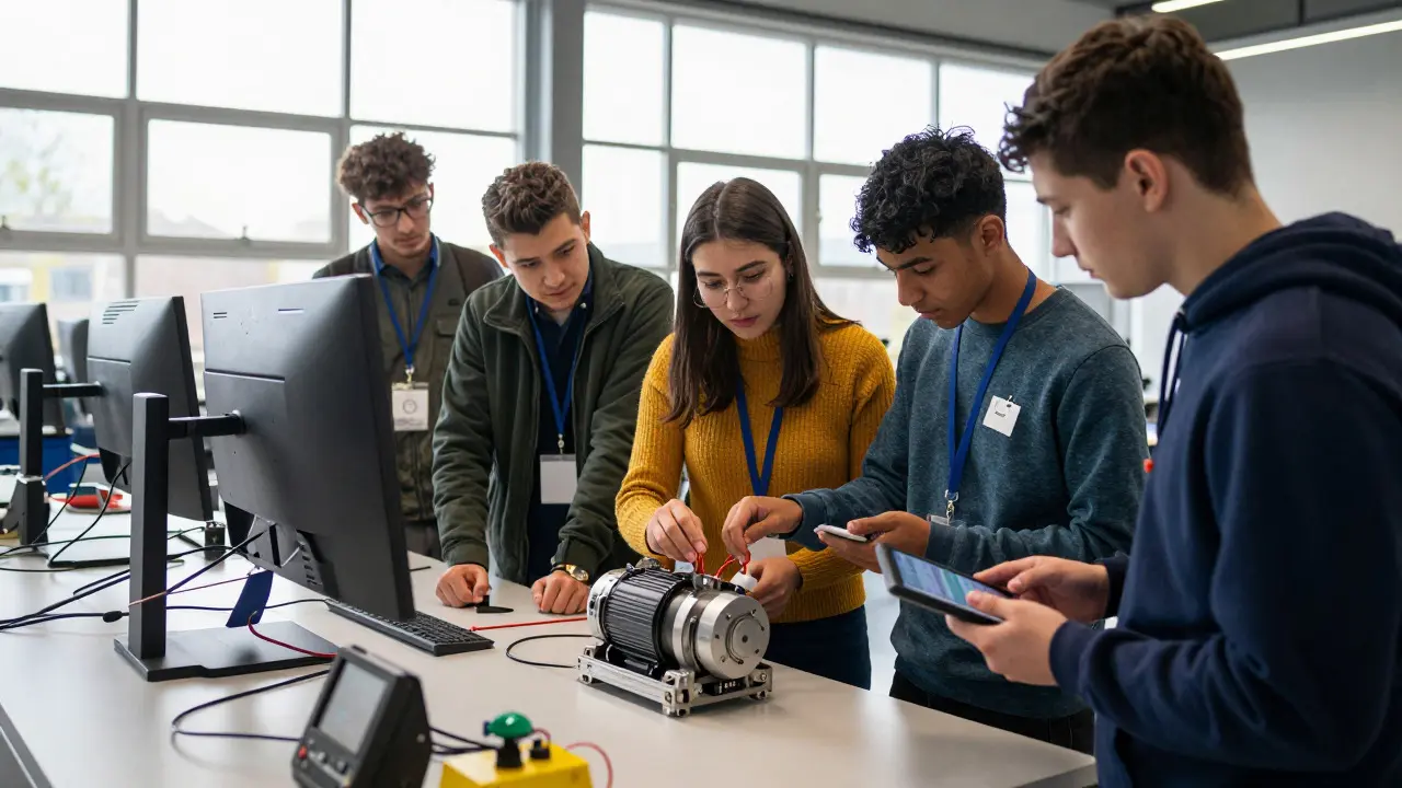 Apprentices calibrating electric motor with data tools in training lab