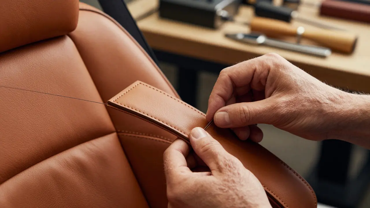 Artisan hand-stitching leather interior in a workshop setting