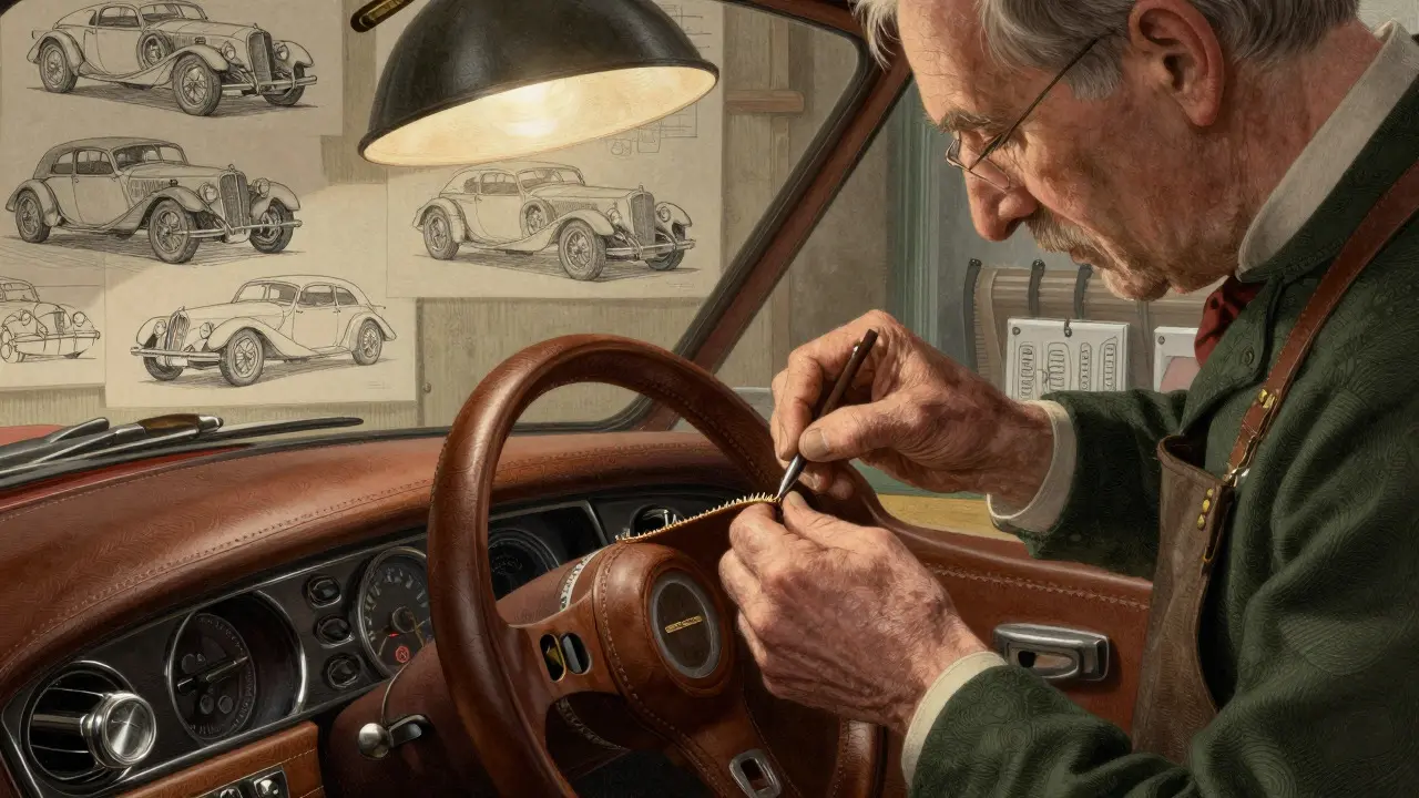 Artisan stitching leather dashboard in a traditional British workshop