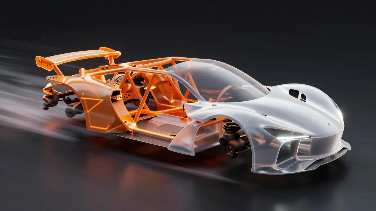 Artistic comparison of a spaceframe and monocoque chassis structure side-by-side