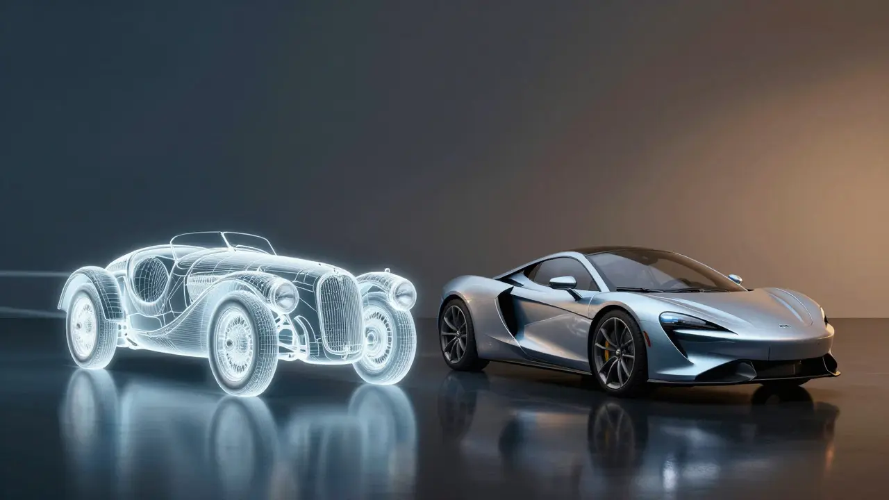 Artistic comparison of a vintage British sports car silhouette and a modern EV