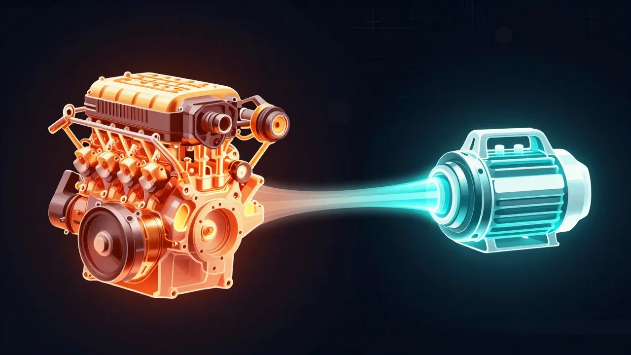 Artistic concept connecting a vintage engine to a modern electric motor via a glowing line