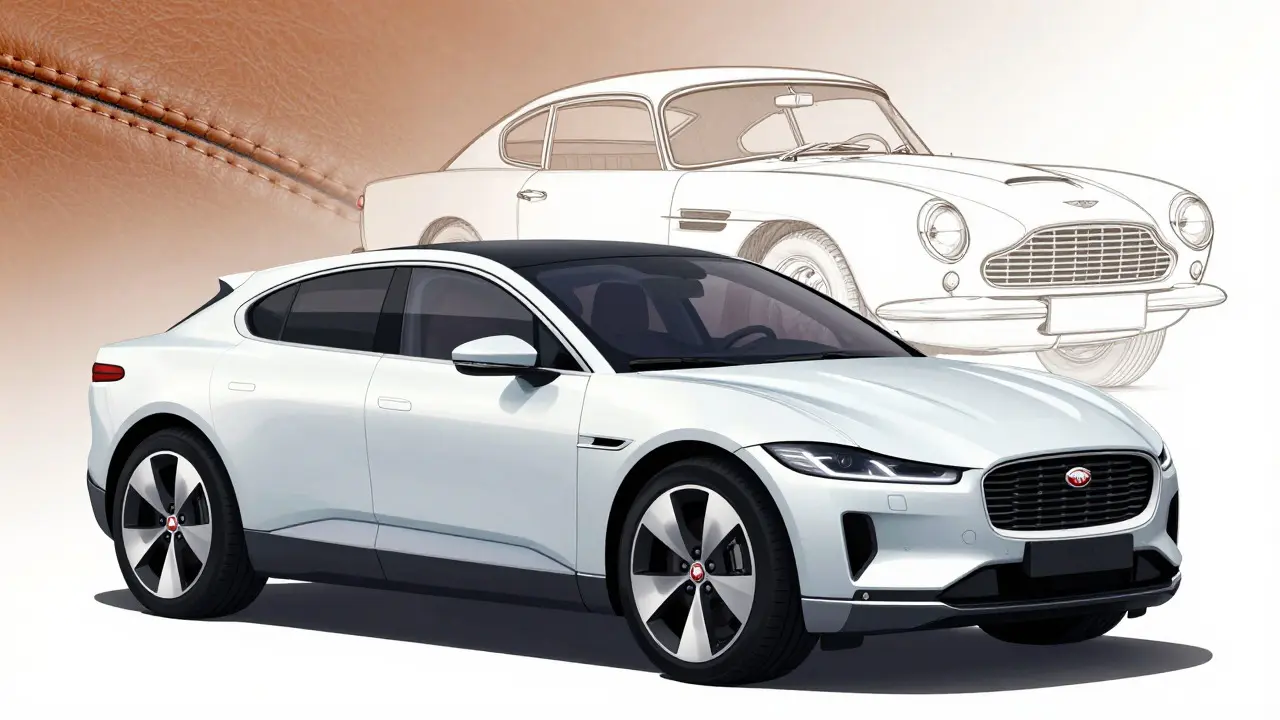 Artistic illustration blending a classic Aston Martin with a modern electric SUV