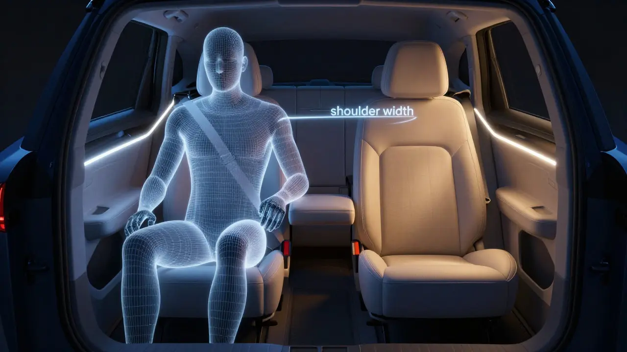Artistic visualization of human shoulder and hip width within a car cabin