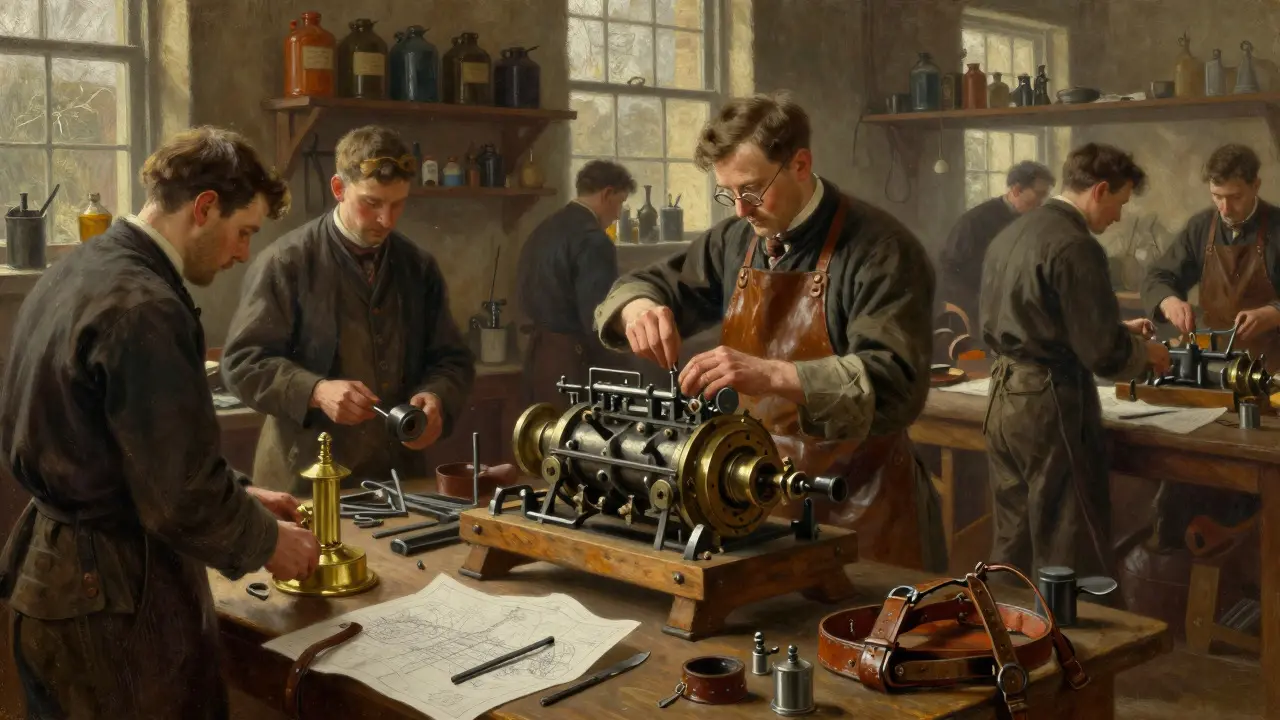 Artists working on an early automobile engine in a cluttered 19th-century workshop