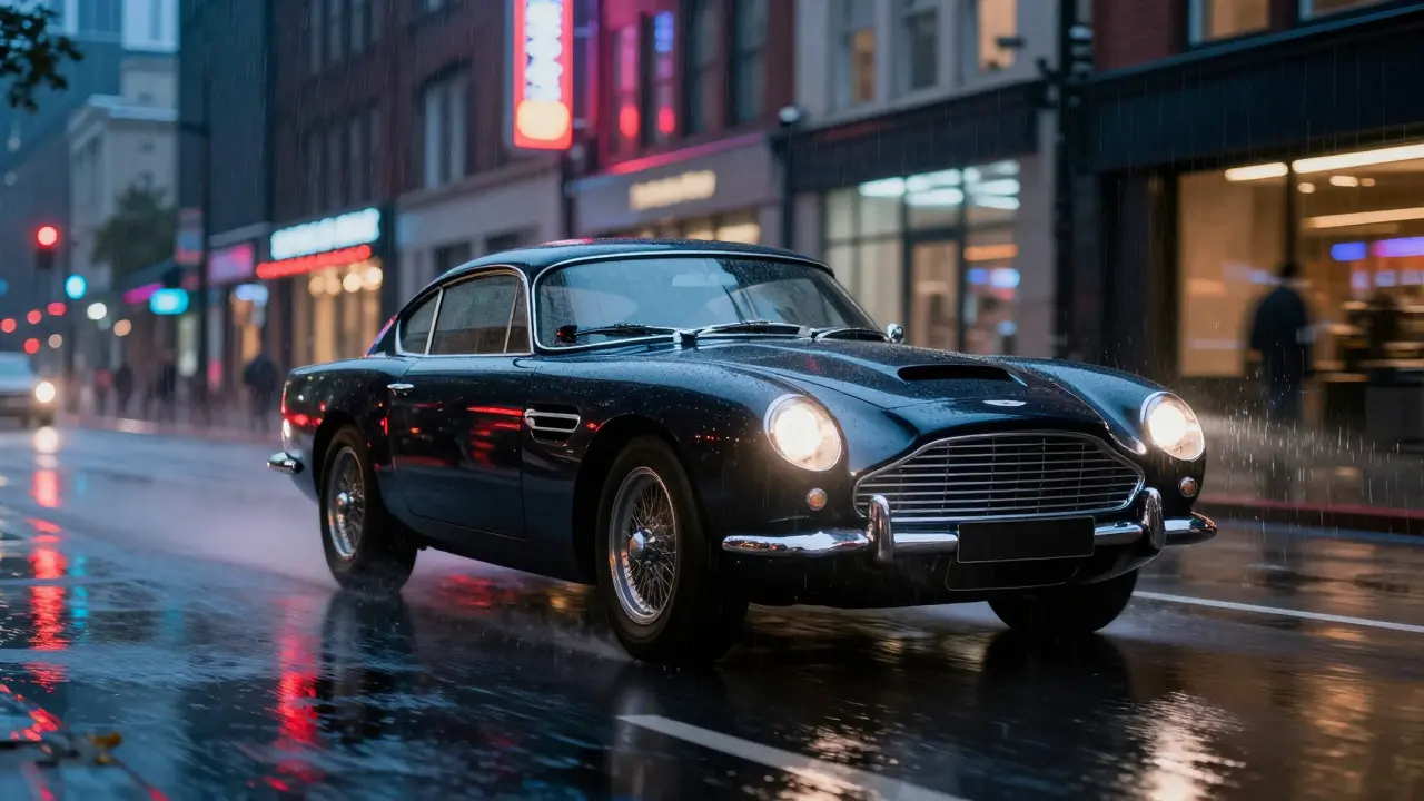 Black Aston Martin DB5 driving through a rainy city street at night