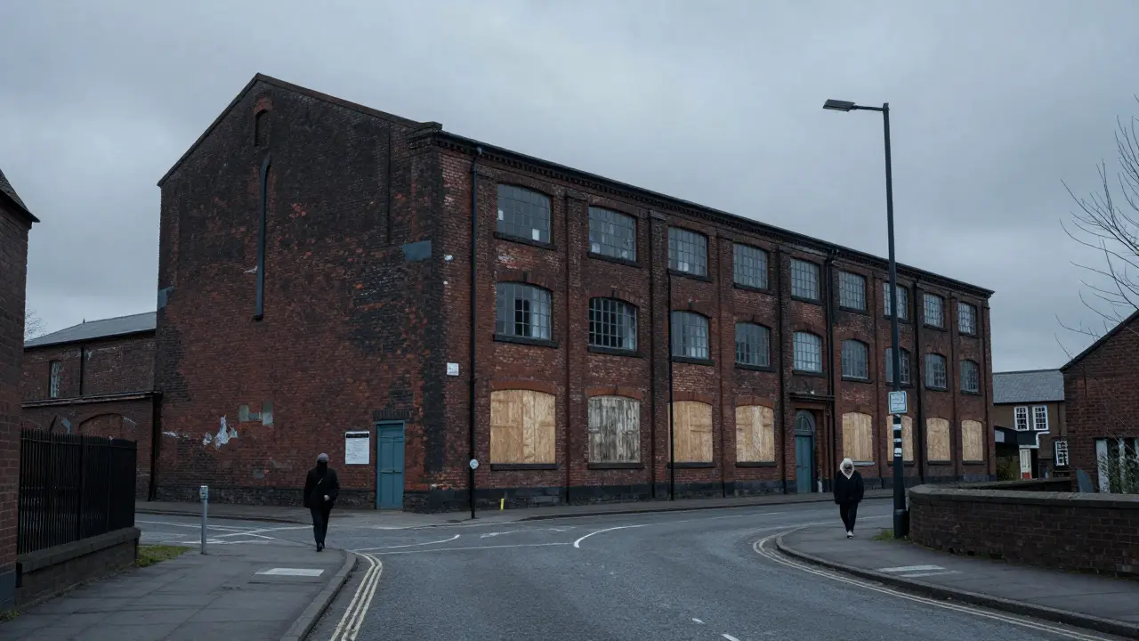 Boarded-up brick factory building in an empty street under an overcast sky